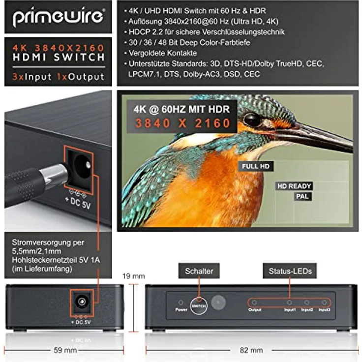 CSL - HDMI 2.0 Verteiler 4k 60Hz - 3 Port Switch mit Fernbedienung - 2.0b Ultra HD 4096x2160 3840x2160 - HDR - 3D Ready - HDCP - 48 Bit Deep Color - automatische Umschaltung - mit Netzteil in Schwarz – Bild 2