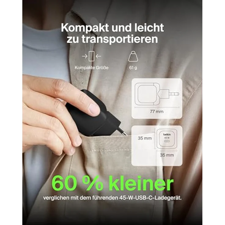 Belkin kompaktes 45 W USB Ladegerät mit USB-C-/USB-C-Kabel, Schnellladen für iPhone 16, 15, 14, Samsung Galaxy S25-Serie, Pixel 9 – Schwarz – Bild 3