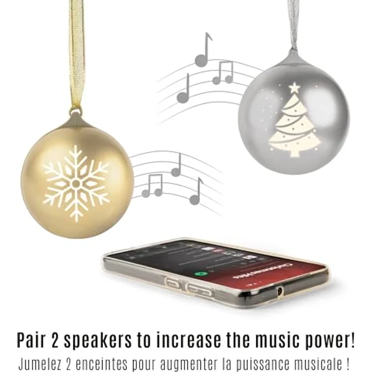 Bigben EPOK Leuchtende Weihnachtskugel, Bluetooth portabler Lautsprecher mit Lichteffekten, gold, 10 W Musikleistung – Bild 3