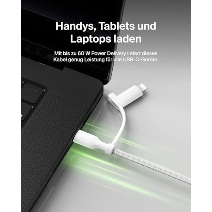 Belkin BoostCharge Pro USB Kabel 2-in-1, 1,5 m, USB-C/Lightning, 60 W, Weiß – Bild 5