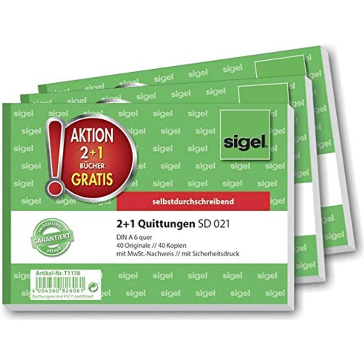 Sigel T1178 Quittungsblock, DIN A6 quer, 40 Blätter, fälschungssicher mit MwSt.-Nachweis, 3 St. – Bild 1