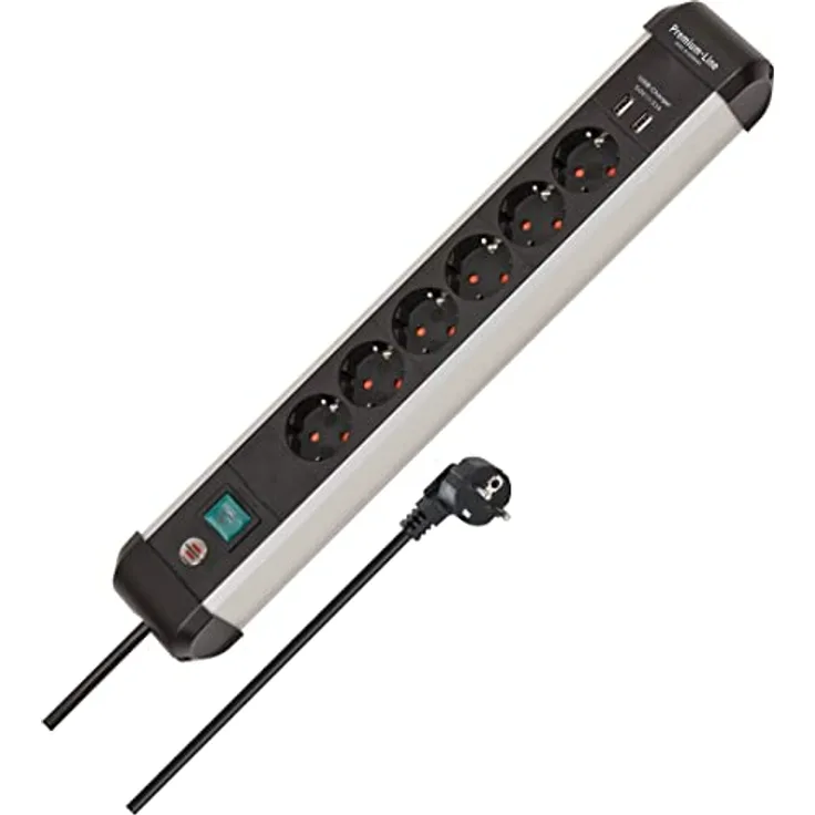 Brennenstuhl Premium-Alu-Line Steckdosenleiste mit USB/Mehrfachsteckdose 6-Fach aus hochwertigem Aluminium (Steckerleiste mit 3m Kabel und Schalter, 2-Fach USB 3,1 A, Made in Germany)