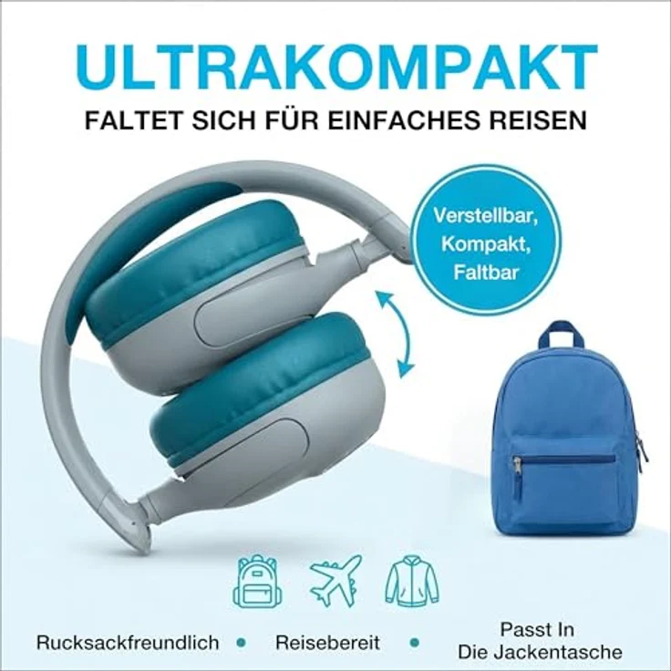 JLab Audio JBuddies Pop, kabellose On-Ear Kinderkopfhörer mit 48 h Akkulaufzeit, Lautstärkebegrenzung, Teal – Bild 7