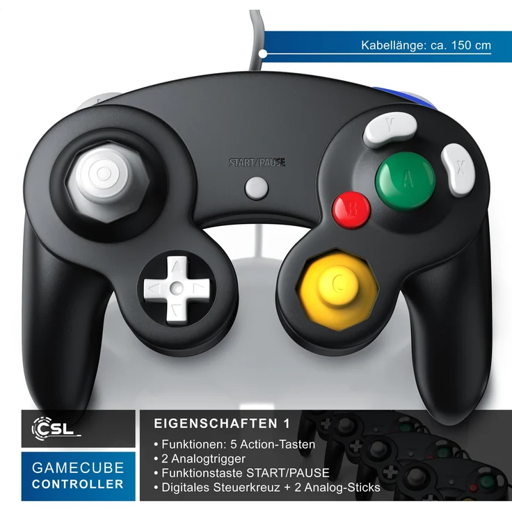 CSL Gamepad für Nintendo GameCube/Wii, 4x ergonomische Controller mit Vibrationseffekten, Schwarz