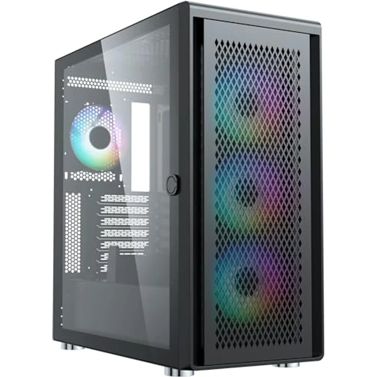 SILENTWARE Silentware Air 100 Midi Tower PC-Gehäuse, Große Metall Mesh-Front, gehärtetes Glas-Seitenfenster, 4x 120mm A-RGB Hydro-Lager Lüfter, GPU bis 383mm, abnehmbarer Mesh Deckel, ATX Netzteil, Schwarz – Bild 1