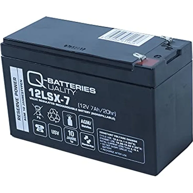 Q-Batteries 12LSX-7 12V 7Ah AGM Batterie 10-Jahres Batterie, VdS geprüft, wartungsfrei, weiß
