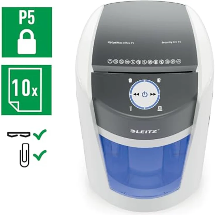 Leitz IQ OptiMax Office P5 Aktenvernichter mit Mikroschnitt, extrem leise, 35 Liter Behälter, Weiß – Bild 5