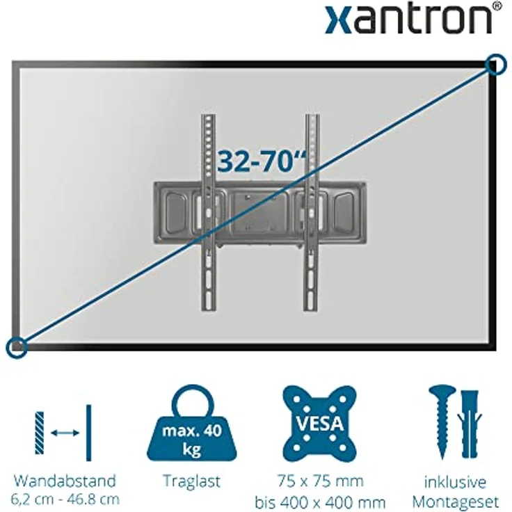 Xantron® ECO-DFM400 TV Wandhalterung Schwenkbar Neigbar Drehbar / 32-75 Zoll, flach mit Doppel Schwenkarm, geringer Wandabstand - inkl. Montagematerial – Bild 2