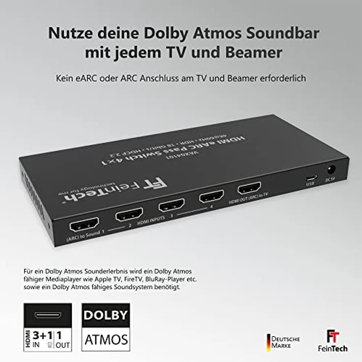 FeinTech VAX04101A HDMI eARC Pass Switch 4x1, für 3 HDMI-Quellen, Soundbar und TV Beamer 4K HDR Dolby Atmos – Bild 2