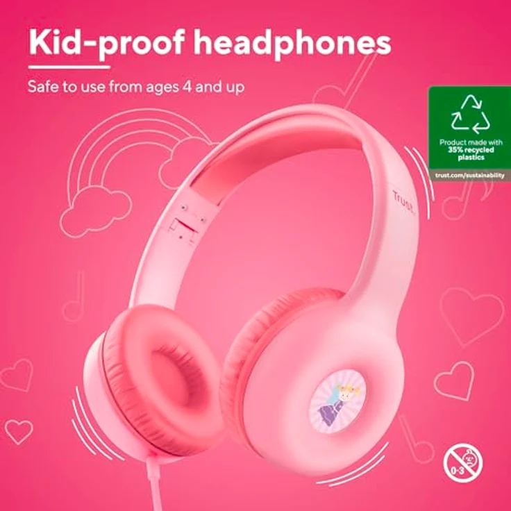 Trust Nouna Kinder Kopfhörer mit Kabel, Lautstärkenbegrenzer (85dB), On Ear Faltbares Headset mit Mikrofon, 3.5mm Klinke, Aufkleber, Rosa – Bild 2
