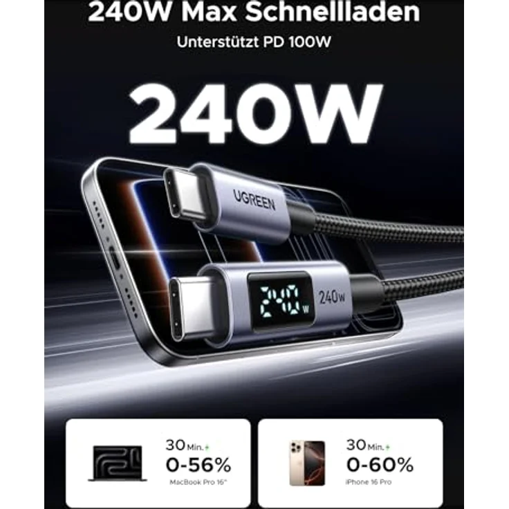 UGREEN 240W USB-C auf USB-C Kabel mit Digital Display, PD3.1 Schnellladekabel, 480 Mbps Datenübertragung, E-Marker Chip, kompatibel mit iPhone 17/16/15/14/13, Galaxy S25/S24, MacBook, iPad Pro (1M) – Bild 2