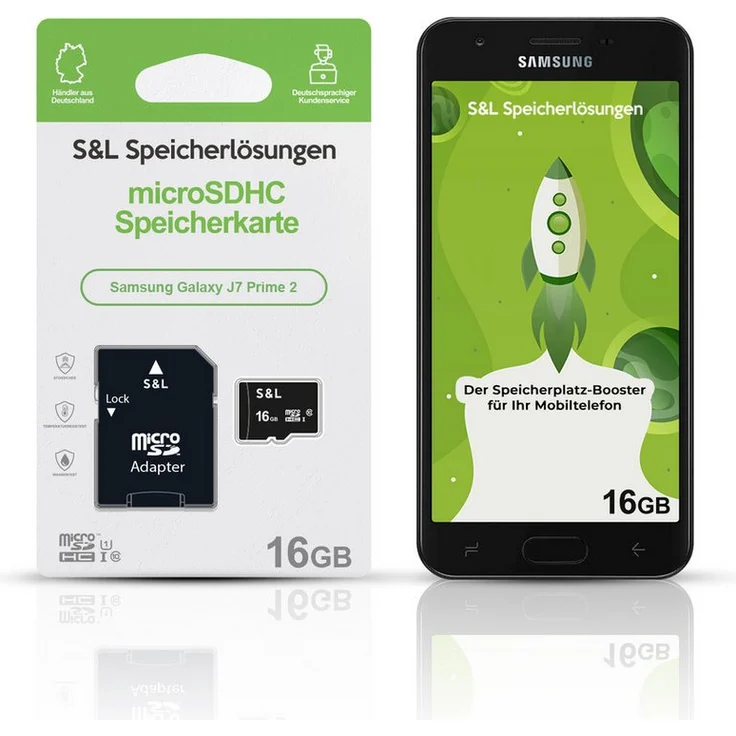 Tec-Expert microSD Karte S&L, 16 GB Class 10 microSDHC für Samsung Galaxy J7 Prime 2, stoßfest und wasserdicht