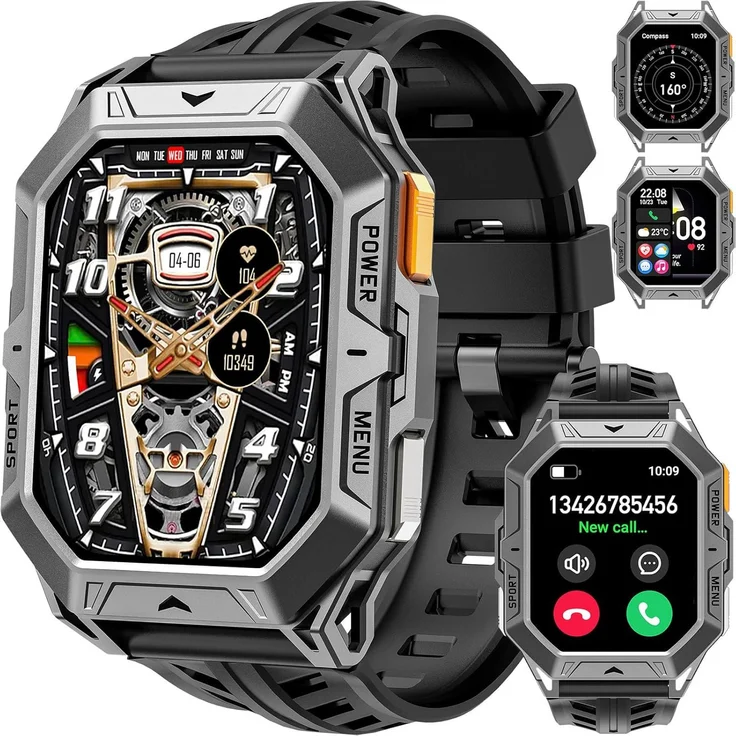 findtime Herren Outdoor Smartwatch 2.13 Zoll AMOLED, 100 Tage Akku, Telefonfunktion, Fitness Uhr mit Kompass, Barometer, Herzfrequenz, IP68