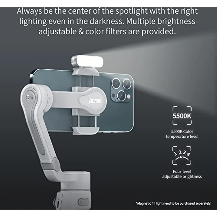 Zhiyun Smooth Q4, 3-Achsen-Stabilisator für Smartphones, grau mit ausziehbarem Arm und Stativ – Bild 6