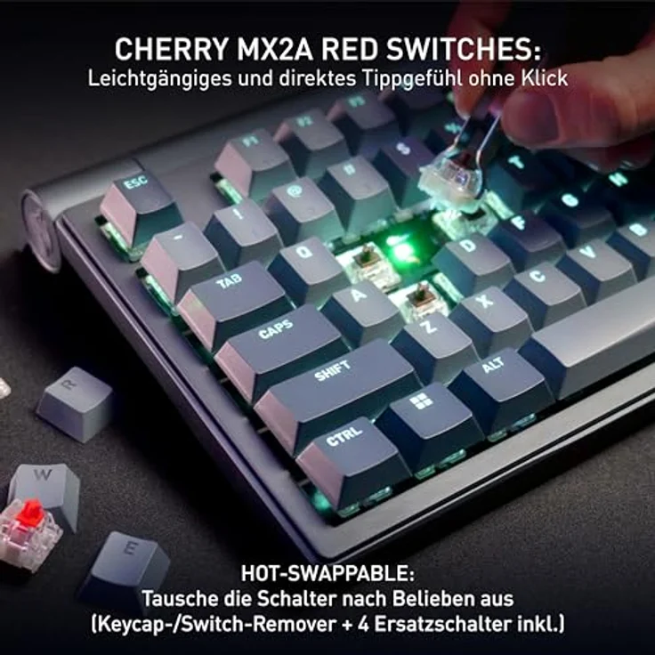 CHERRY XTRFY MX 8.3 TKL Wireless, Mechanische Gaming-Tastatur mit Hot Swappable MX2A RED Switches, Deutsches Layout (QWERTZ), Starfall Grey, Triple-Mode-Connection, 4000 Hz Polling Rate – Bild 3