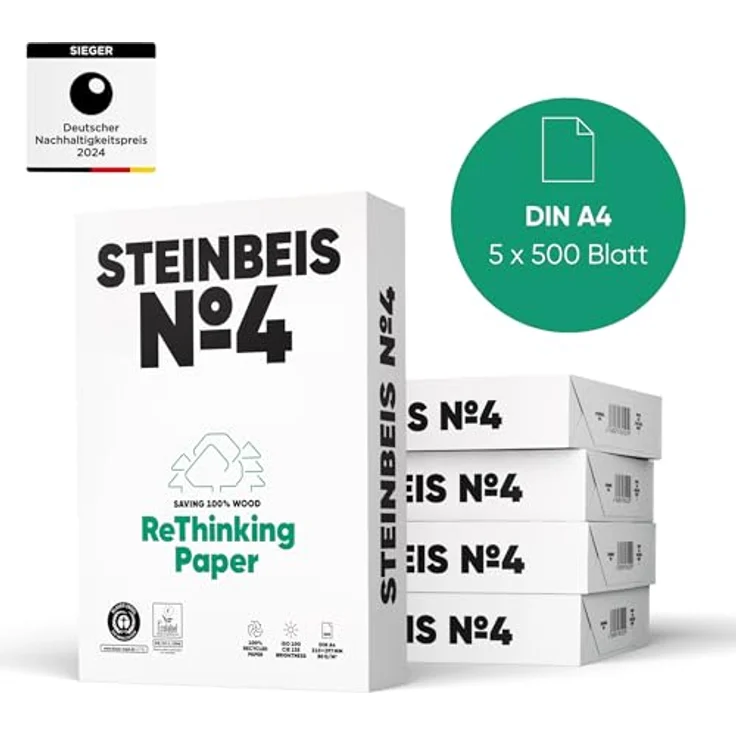 Steinbeis No. 4 Druckerpapier – Recycling-Papier 80 g/m², Weiß & Chlorfrei, 2500 (5 x 500) Blatt ISO 100 / CIE 135 – Bild 2