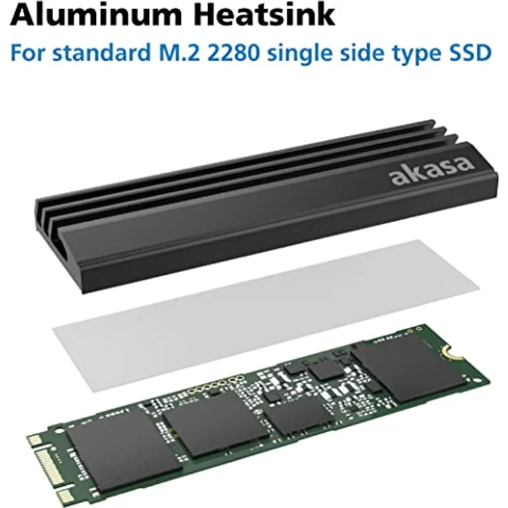 Akasa M.2 SSD Kühlkörper, Aluminium Kühlkörper, mit Thermoklebeband, 71 x 22 x 6,4 mm, passend für M.2 2280 SSD, Schwarz, 2 Stück, A-M2HS01-KT02 – Bild 2