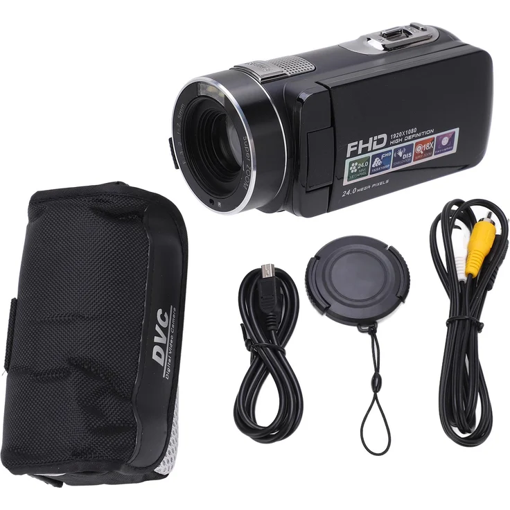 Lixada Videokamera Camcorder, Full HD 1080p, 24 MP, 2,7-Zoll-LCD-Display, 270° drehbar, 18-facher Zoom, Schwarz