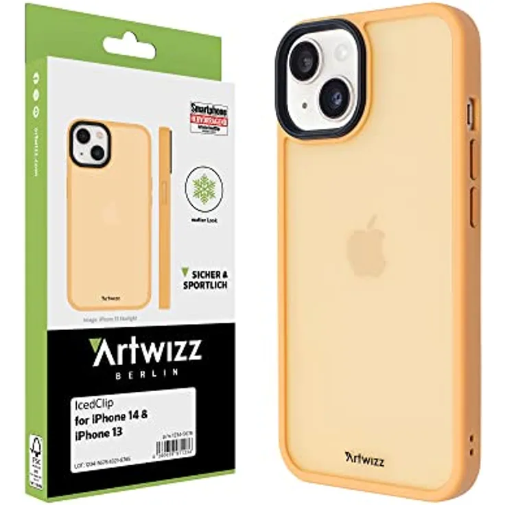 Artwizz IcedClip Hülle kompatibel mit iPhone 14 - Mattes Vereistes Design, Rückseite mit Soft-Touch-Beschichtung, Stoßfeste Schutzhülle, Tiger-Orange
