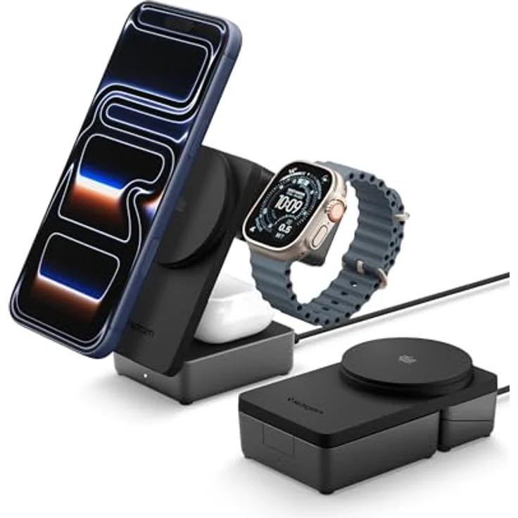 Spigen Essential Qi2.2 25W 3-in-1 MagSafe Ladestation für Apple Watch und iPhone, inkl. USB-C Kabel, induktive Ladestation, kabelloses faltbares Ladegerät für iPhone 17 16 Pro Max 17e – Bild 1