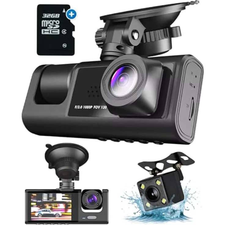 Fleau Tech Dashcam für Auto 3 in 1 – Vorder- und Rückkamera – Full HD – 170°-Weitwinkelobjektiv – 24-Stunden-Parküberwachung – G-Sensor – Micro-SD-Karte 32 GB