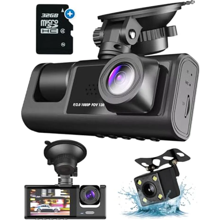 Fleau Tech Dashcam für Auto 3 in 1 – Vorder- und Rückkamera – Full HD – 170°-Weitwinkelobjektiv – 24-Stunden-Parküberwachung – G-Sensor – Micro-SD-Karte 32 GB – Bild 1