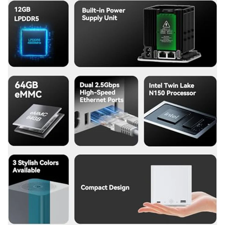 Beelink ME Mini PC, NAS Computer Intel N150, 12GB LPDDR5, 64GB eMMC, 2TB M.2 PCIe 3.0 SSD, WiFi 6, Dual 2.5G LAN, 6 M.2 NVMe Slots, kompakt und leise – Bild 3