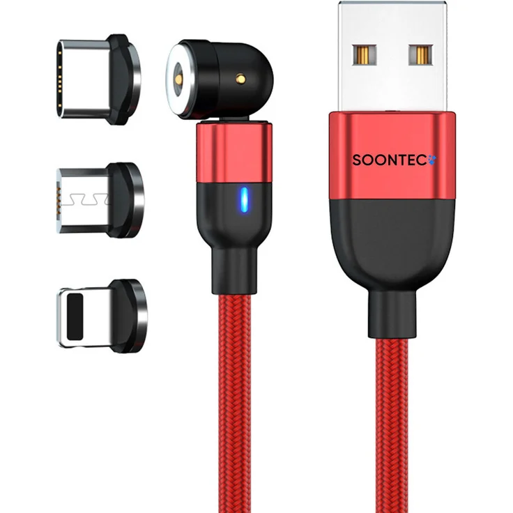 SOONTEC Magnet Ladekabel 1 Meter, drehbar 360° & 180°, 3-in-1 Micro USB/USB-C/Lightning, 2,4 A, rot