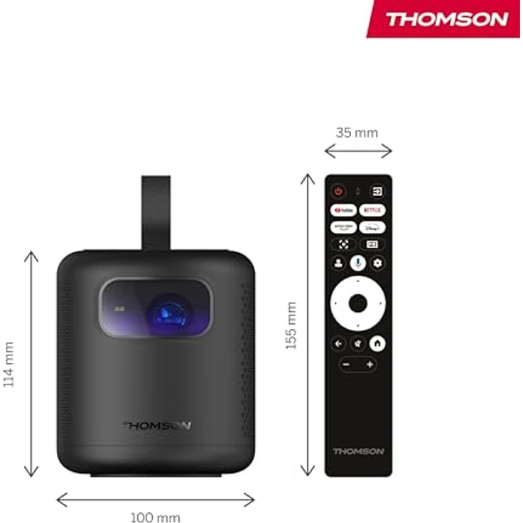 Thomson Vega PG35B, Tragbarer Projektor mit Google TV, 350 ANSI Lumen, integrierter Akku, HDR10, Dolby Audio, Autofokus, 100"-Bildschirm – Schwarz – Bild 2