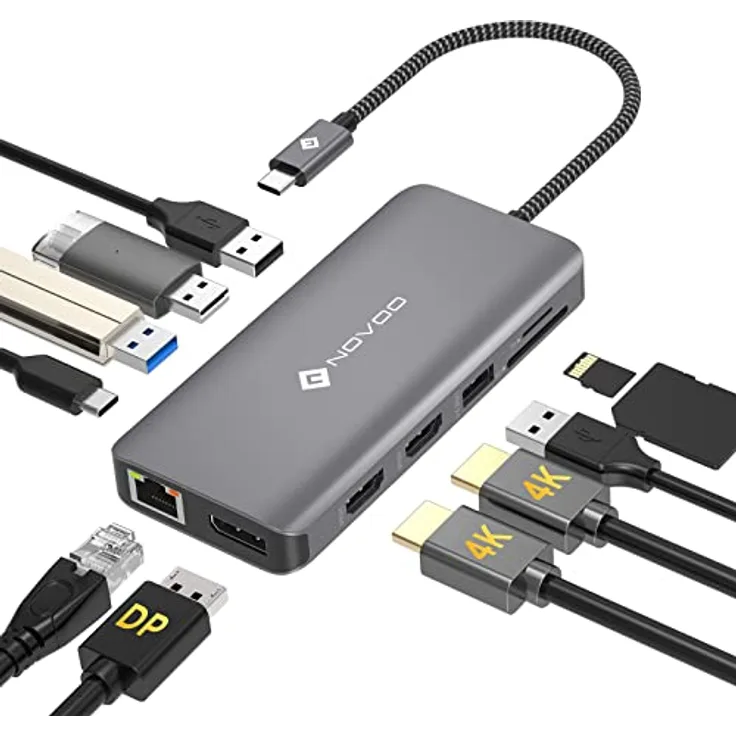 NOVOO Docking Station 4K@60Hz USB C Hub Triple Display Dual HDMI mit DisplayPort USB C Adapter Multiport Docking Station 2 HDMI 4K,Gigabit Ethernet,100WPD,SD/TF,4xUSB für MacBook, andere USB C Laptops