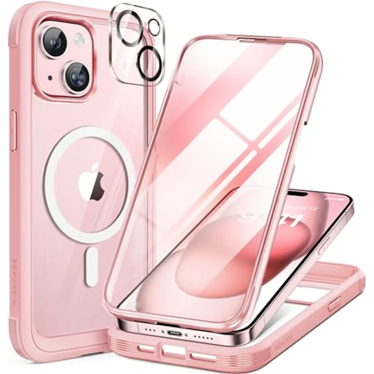 Miracase 360 Grad Hülle für iPhone 15, Magnetisch mit 9H-Glas Schutzfolie und Kameraschutz, Rosa, Stoßfest und Komplettschutz, 6,1 Zoll – Bild 1