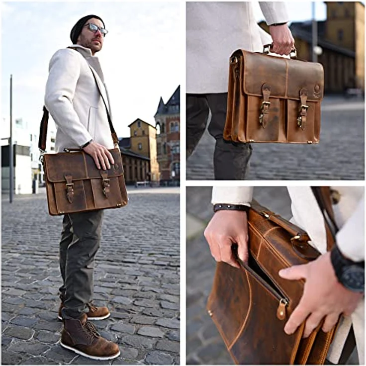 Corno d´Oro Premium Laptoptasche Echt Leder 15.6 Zoll Braun – Handgefertigte Umhängetasche für Herren & Damen, Business Organizer, MacBook & Laptop Tasche – Bild 2