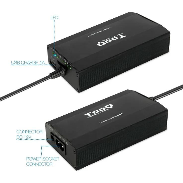 Tooq Technology TQLC-100BS01M Notebook-Netzteil, 100 W mit USB-Anschluss, Schwarz