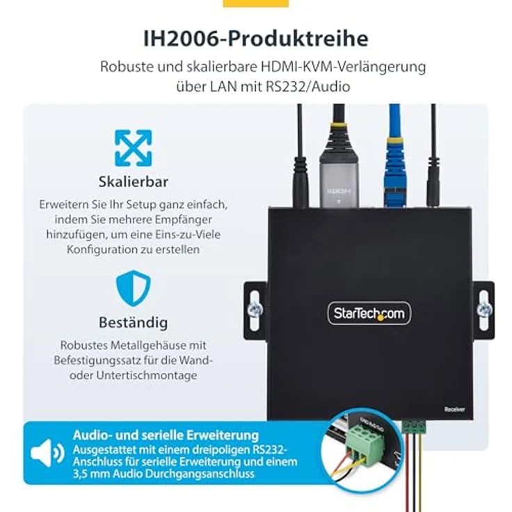 StarTech .com IH2006-KVM-RX, KVM-Receiver, 3840 x 2160 Pixel bei 60 Hz, kabelgebunden, HDMI & USB, schwarzes Metallgehäuse – Bild 3