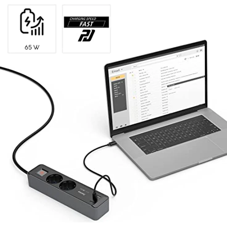 Hama 5in1 Steckdosenleiste mit USB 65W Ladegerät (2 Steckdosen, 1 USB-A, 2 USB-C, Laptop USB C Ladegerät 65W per USB ohne Netzteil Schnellladefunktion PD, Mehrfach-Steckleiste mit Schalter, 1,4m) grau – Bild 5
