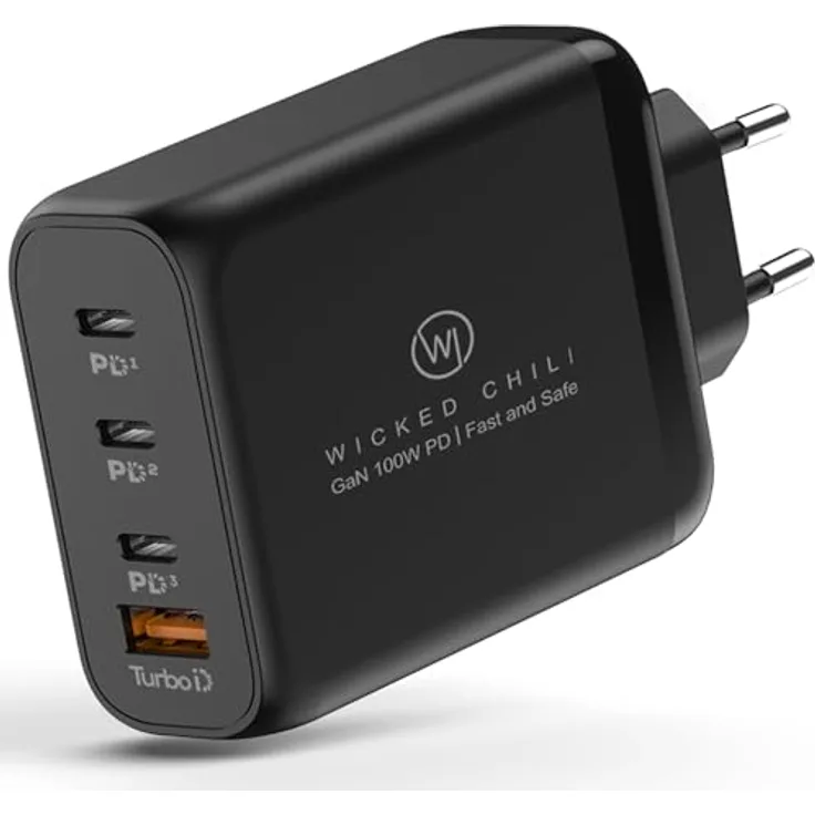 Wicked Chili 100W USB C GaN II Ladegerät | 4 Port Fast Charger PD Netzteil mit PPS für MacBook Pro, iPhone 16, 15, 14, 13 Pro Max Mini & iPad Pro (schwarz)  