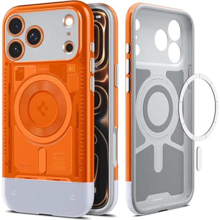 Spigen Classic C1 MagFit Case für iPhone 17 Pro Max, Retro-Futuristisches Design, 6-Schicht-Schutz, kompatibel mit MagSafe, Farbe: Tangerine – Bild 1
