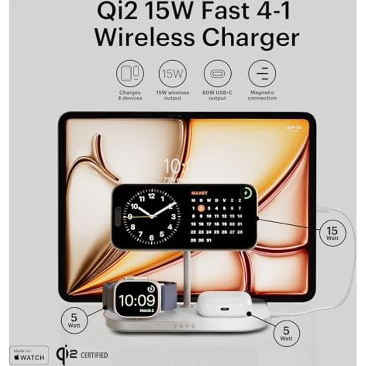 ZENS 4in1 Qi2 Kabelloses Ladegerät, 15 Watt für iPhone, Apple Watch und AirPods, mit 60W USB-C Port und Netzteil inklusive – Bild 3