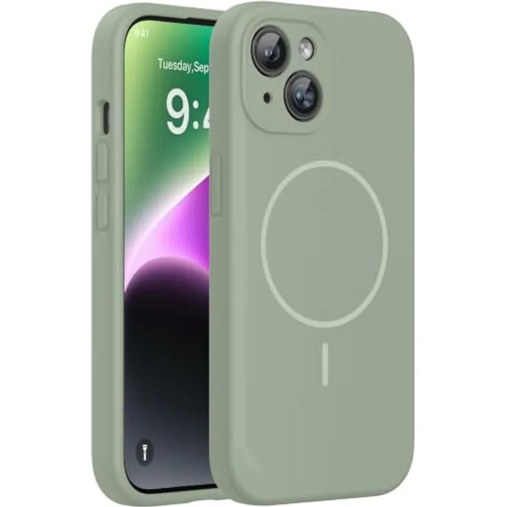 miracase Hülle für iPhone 14 mit MagSafe, Flüssigsilikon, kratzfestes Mikrofaser-Innenfutter, stoßfester Schutz, Patina Grün