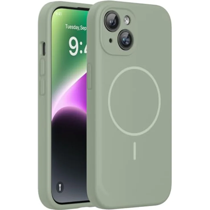 miracase Hülle für iPhone 14 mit MagSafe, Flüssigsilikon, kratzfestes Mikrofaser-Innenfutter, stoßfester Schutz, Patina Grün – Bild 1