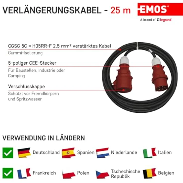 EMOS CEE-Verlängerungskabel 25m - 5-polig Stecker - wasserdicht, temperaturbeständig - 400 V, 16 A, 3680 W - Gummi-Isolierung - Schwarz – Bild 3