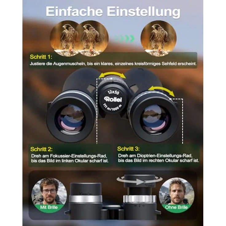 Rollei Fernglas 12x50 Pro, Wetterfestes Dachkantfernglas für Brillenträger mit 12-facher Vergrößerung und FMC-Beschichtung für Vogelbeobachtung und Jagd – Bild 5