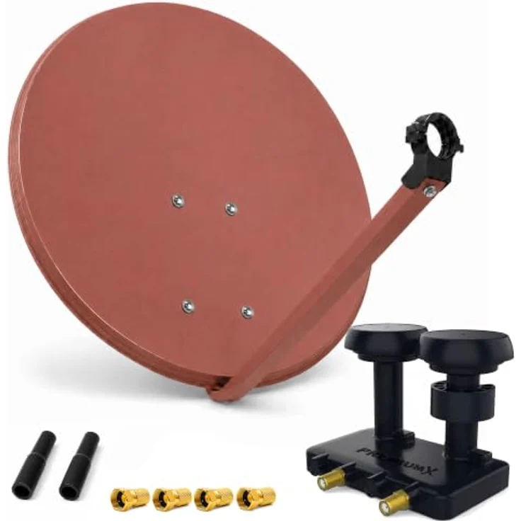 PremiumX Satelliten-Komplettanlage 80cm Ziegelrot, Twin LNB Monoblock für Astra 19,2° und Hotbird 13°, geeignet für 2 Teilnehmer – Bild 1