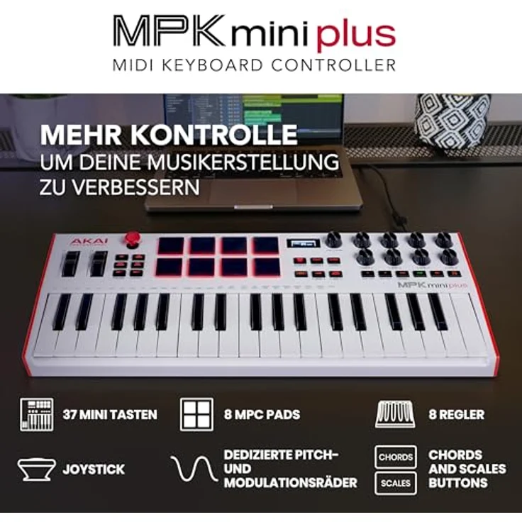 AKAI Professional MPK mini Plus White, Midi-Controller mit 37 anschlagsdynamischen Minitasten, 8 MPC Pads und Arpeggiator – Bild 2