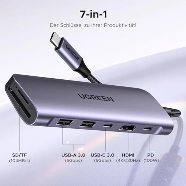 UGREEN USB-C Hub 7-in-1 mit 4K HDMI, 5 Gbit/s, 2x USB-A 3.0, 1x USB-C 3.0, MicroSD und SD Slots, Power Delivery 100W – Bild 2