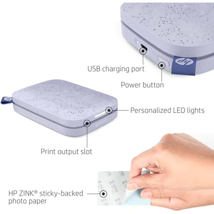 HP Sprocket 2x3" Sofortbilddrucker - Tragbarer, kabelloser Farbdrucker - Zink-Fotopapier mit Kleberückseite - Drucke von kompatiblen iOS- & Android-Geräten per Bluetooth-App - Lila – Bild 2