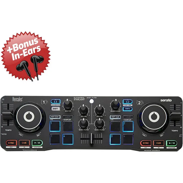 HERCULES DJ Controller DJ Control Starlight, 2-Deck mit RGB-Unterbodenbeleuchtung, inklusive Serato DJ-Lite Software und Bonus In-Ear Kopfhörer Coral/Brown