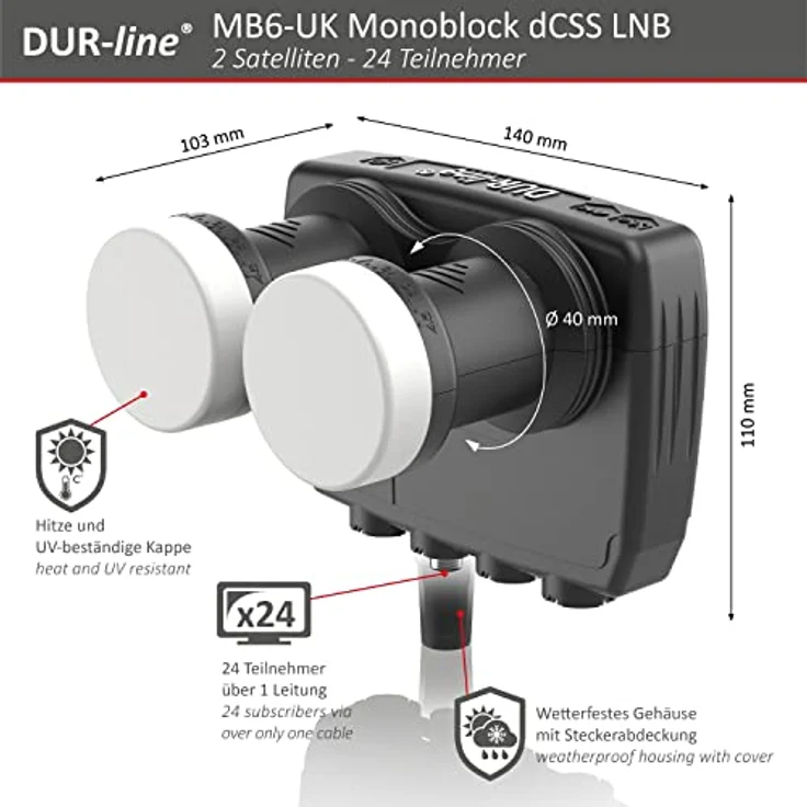 DUR-line MB6-UK UHD 8K Monoblock-LNB, für 24 Teilnehmer, Schwarz – Bild 3