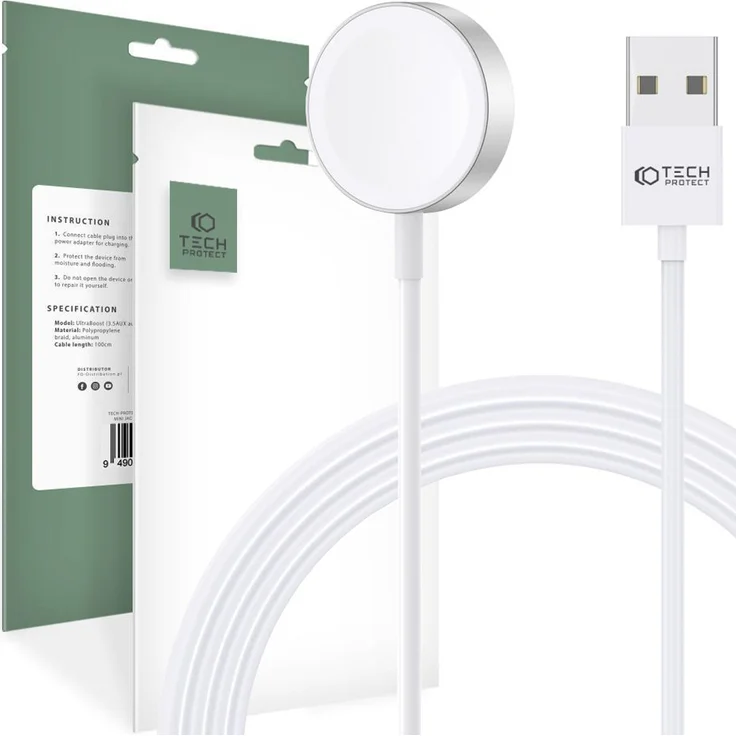 Tech-Protect Ultraboost Magnetisches Ladekabel 120 cm für Apple Watch, induktives kabelloses Ladegerät in Weiß