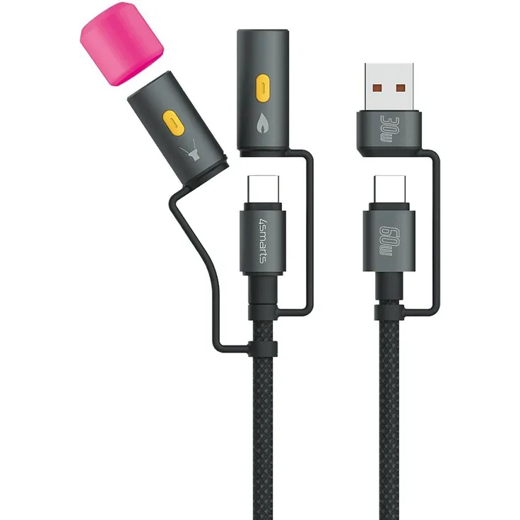 4smarts 4in1 USB-C Kabelset Explorer (1 m, USB 2.0, 60 W), mit Lichtaufsatz für Outdoor-Aktivitäten, robust aus Zinklegierung und Nylon